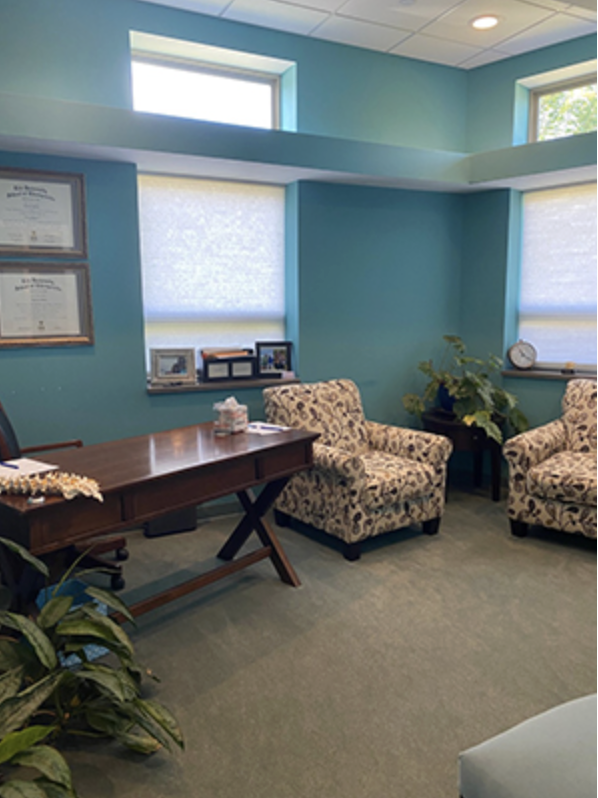 Consultation room with a wooden desk, two patterned armchairs, and framed diplomas